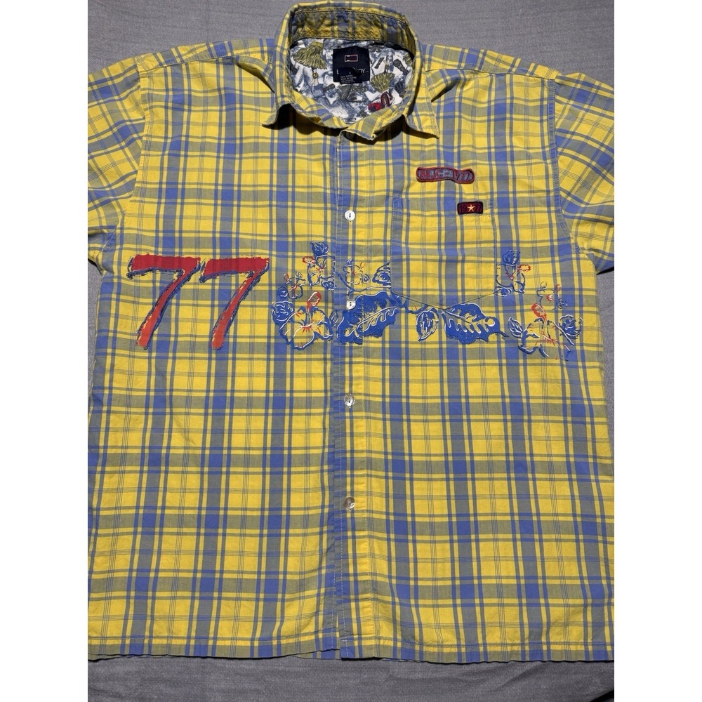 VTG Bugle Boy Embroidered Shirt Y2K Pearl Buttons Large Yellow/blue Denim Pocket